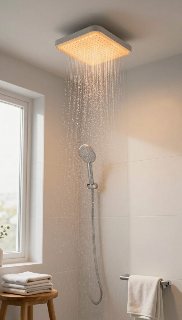 Modern bathroom shower with an LED showerhead casting a warm amber glow over water droplets, creating a relaxing ambiance.