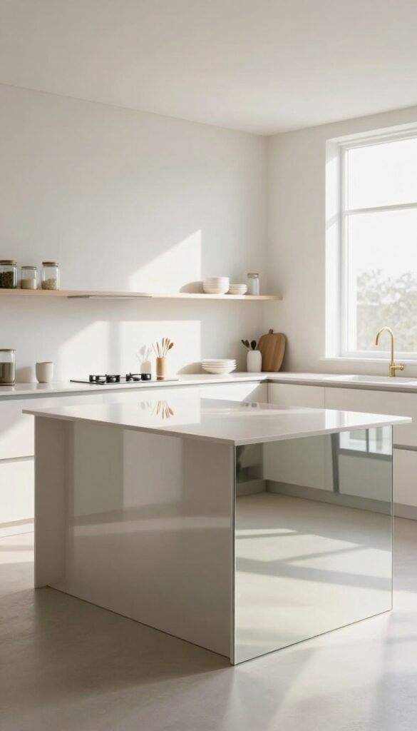 Elegant kitchen island with mirrored back panel reflecting natural light from a window