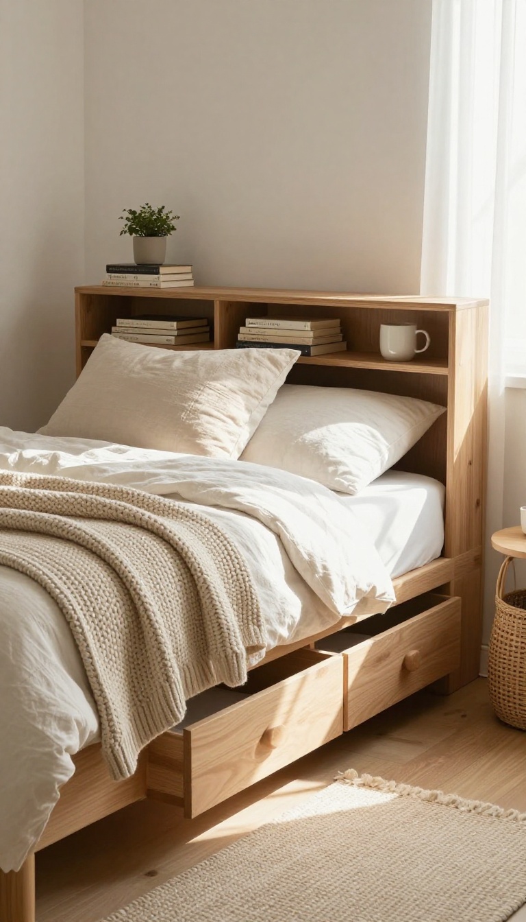 Small bedroom with a bed featuring built-in storage drawers and headboard shelves, styled with cozy linens and warm decor