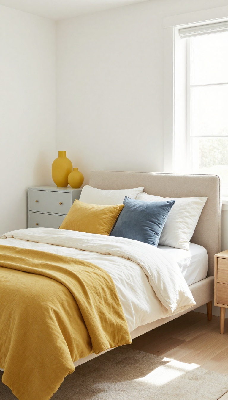 Small bedroom with light neutral palette and subtle yellow and blue accents