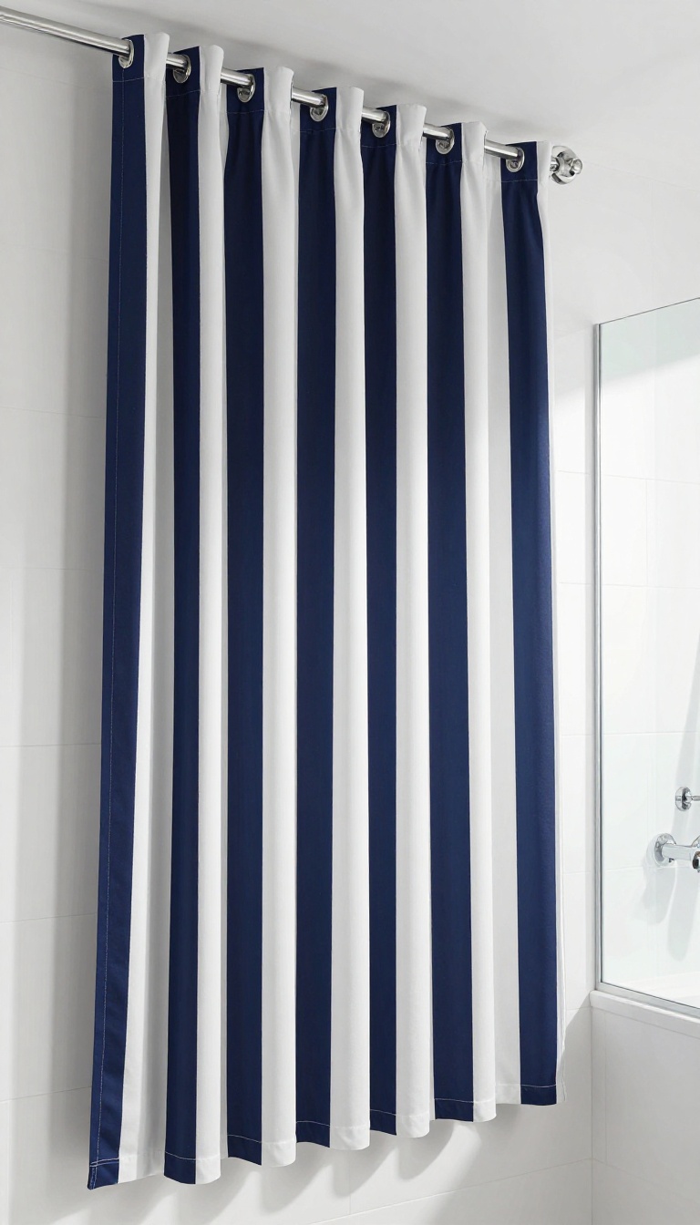 High-contrast navy and white vertical striped shower curtain mounted from ceiling to floor in a bright modern bathroom, creating an illusion of height.