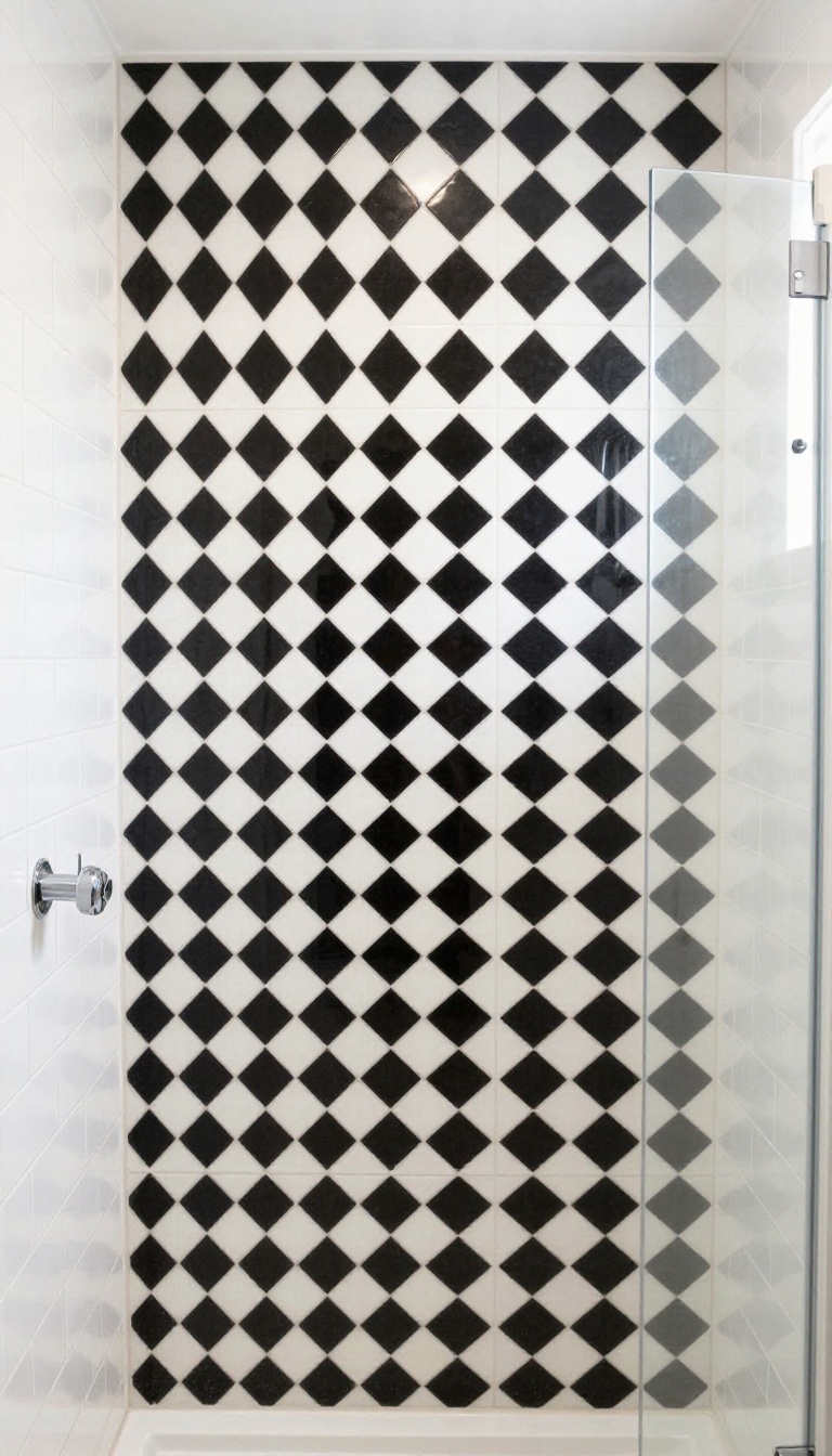 Modern bathroom shower with bold black and white diamond tile accent wall