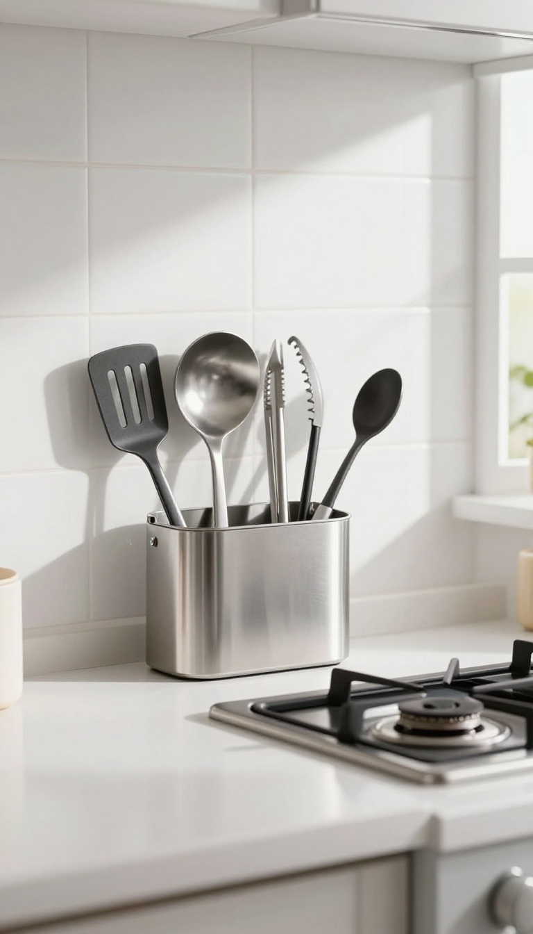A stainless steel utensil caddy mounted on the kitchen backsplash next to a gas stove, holding cooking tools within easy reach.
