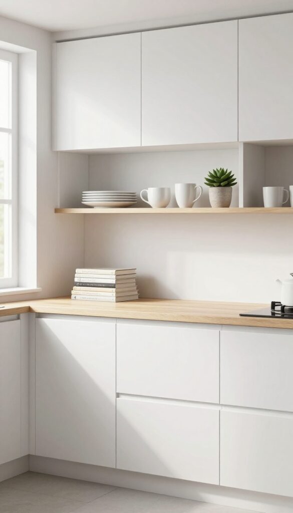 Open shelving on the back of a kitchen island holding dishes and cookbooks in a bright, modern kitchen.