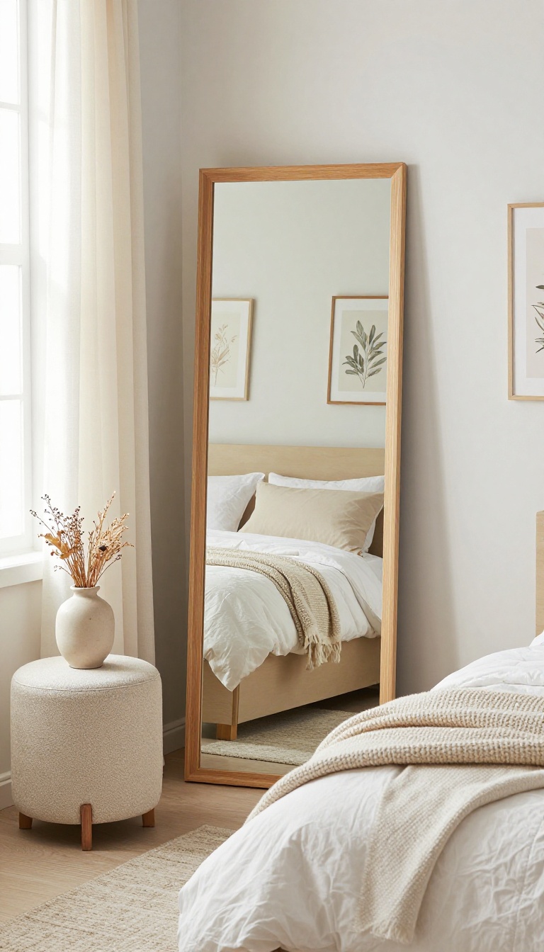Full-length mirror leaning against a guest bedroom wall, with a stool and rug beneath it, reflecting a cozy bed and warm decor.