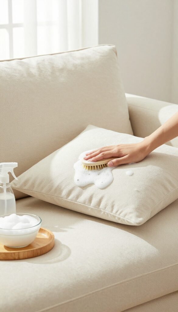 Person cleaning a couch cushion with a soft brush and foam in a bright living room