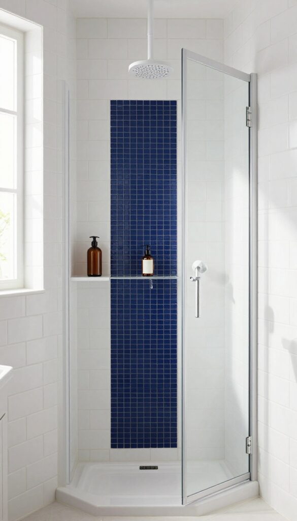 White tile shower with a navy blue mosaic niche, adding a pop of color and practical storage.