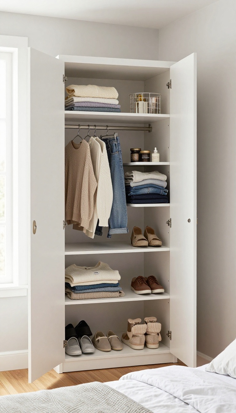Corner wardrobe with carousel shelves in a small bright bedroom