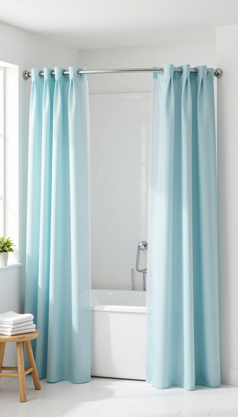Bathtub with double curtain rod, decorative blue outer curtain and clear liner, in a bright modern family bathroom.