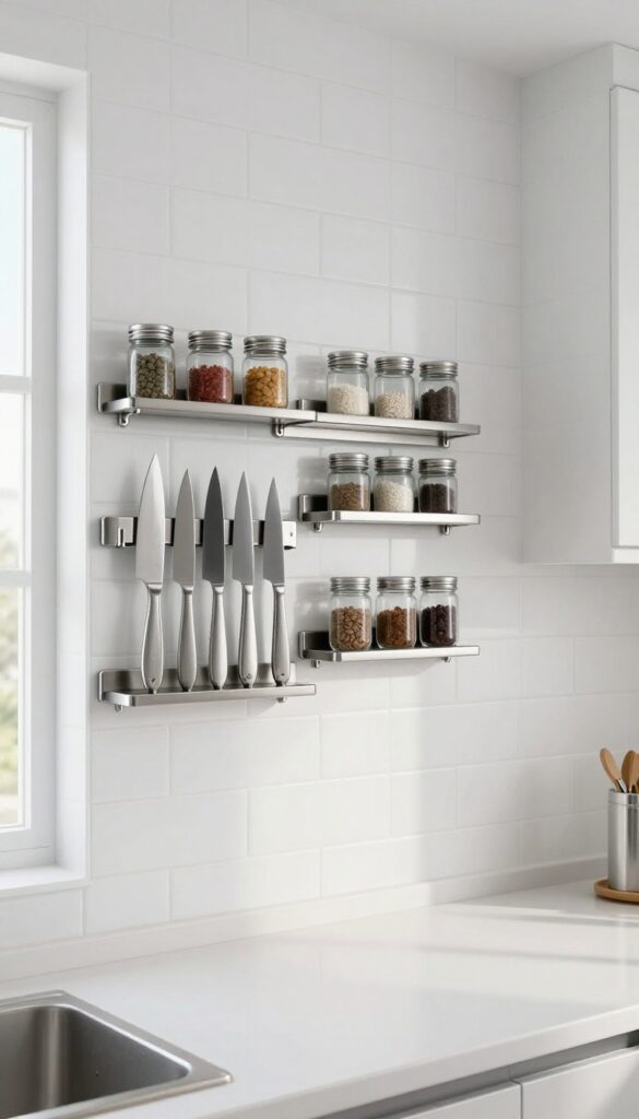 Magnetic rack on a kitchen wall holding knives and spice jars
