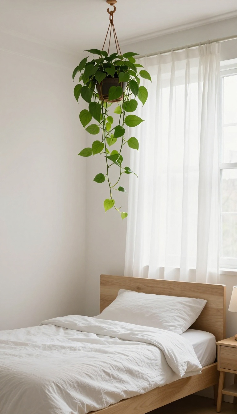 Small bedroom with a hanging pothos plant near a window, adding greenery without taking up floor space.