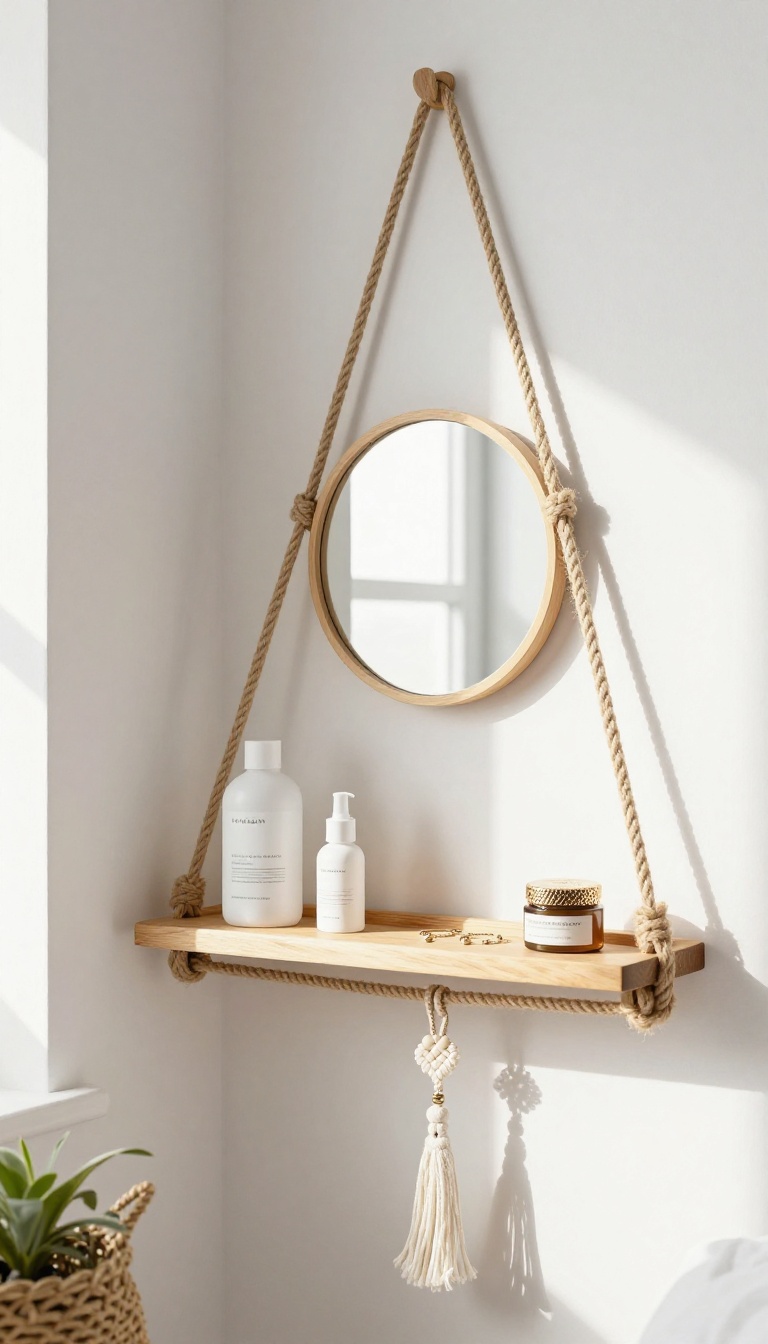 Hanging vanity with macramé and rope shelves in a small bedroom