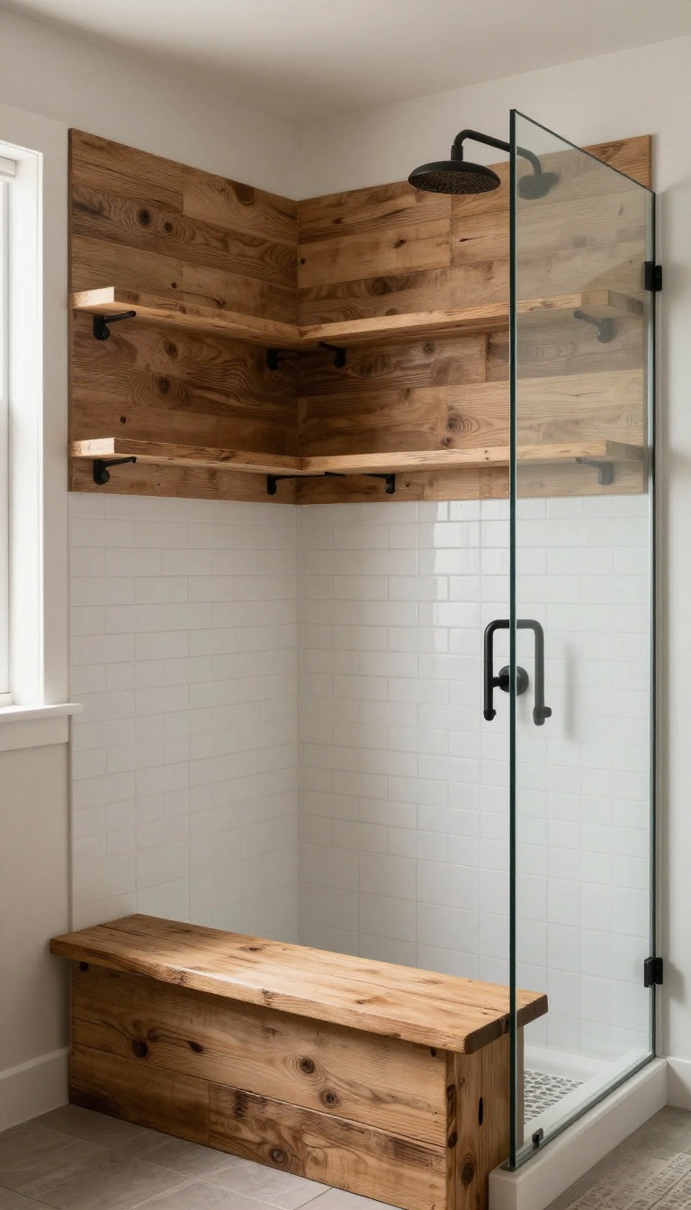 Farmhouse shower with reclaimed wood bench and shelf, matte black fixtures, and white subway tiles in natural light