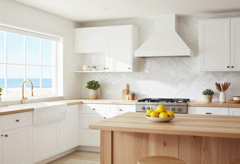 Coastal kitchen with white subway tile backsplash and natural light