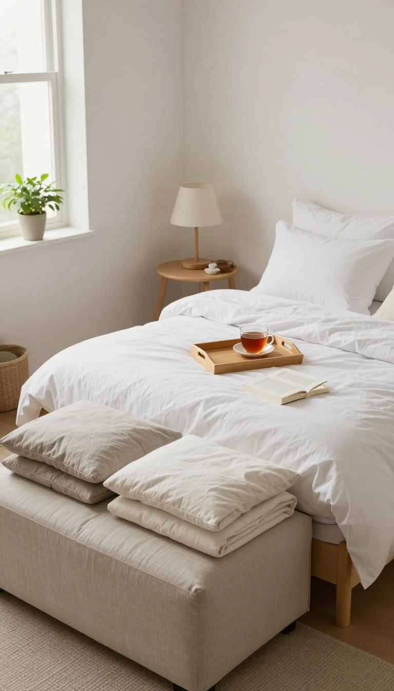 Small guest room with a multi-functional ottoman at the foot of the bed, showing storage and tray on top.
