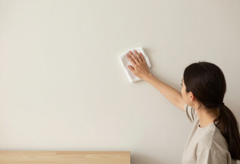 Person cleaning a wall with a microfiber cloth in a bright room