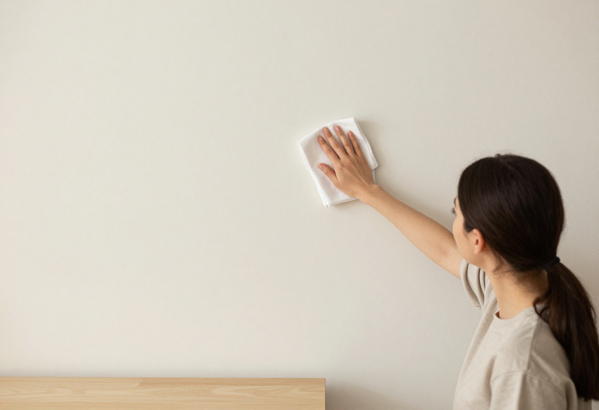 Person cleaning a wall with a microfiber cloth in a bright room