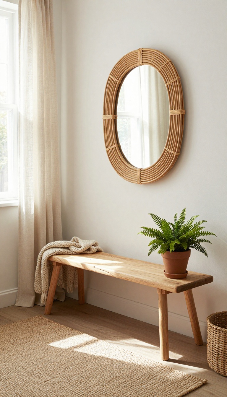 Cozy small bedroom with natural textures like wood, rattan, linen, and jute