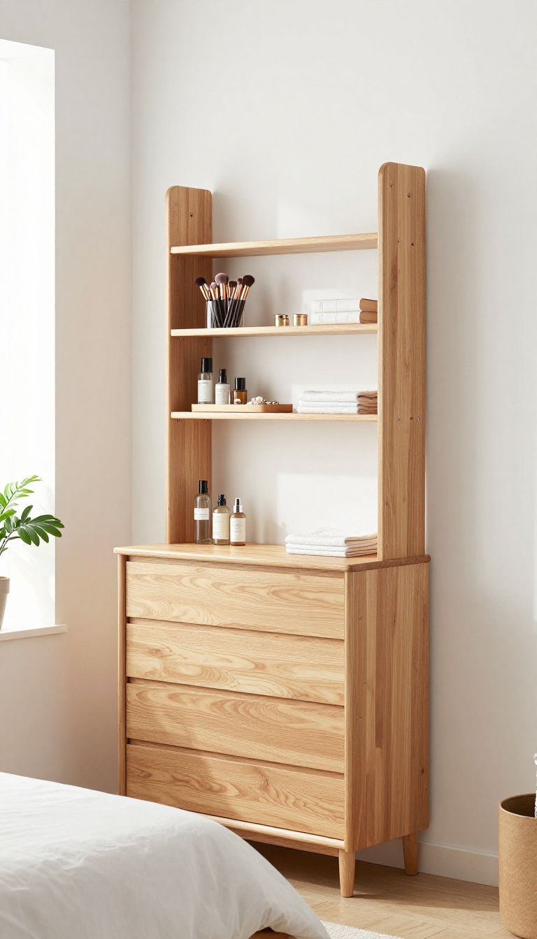 Small bedroom with a low dresser and a tall narrow shelving unit above it, styled as a vanity with makeup essentials, in bright natural light.