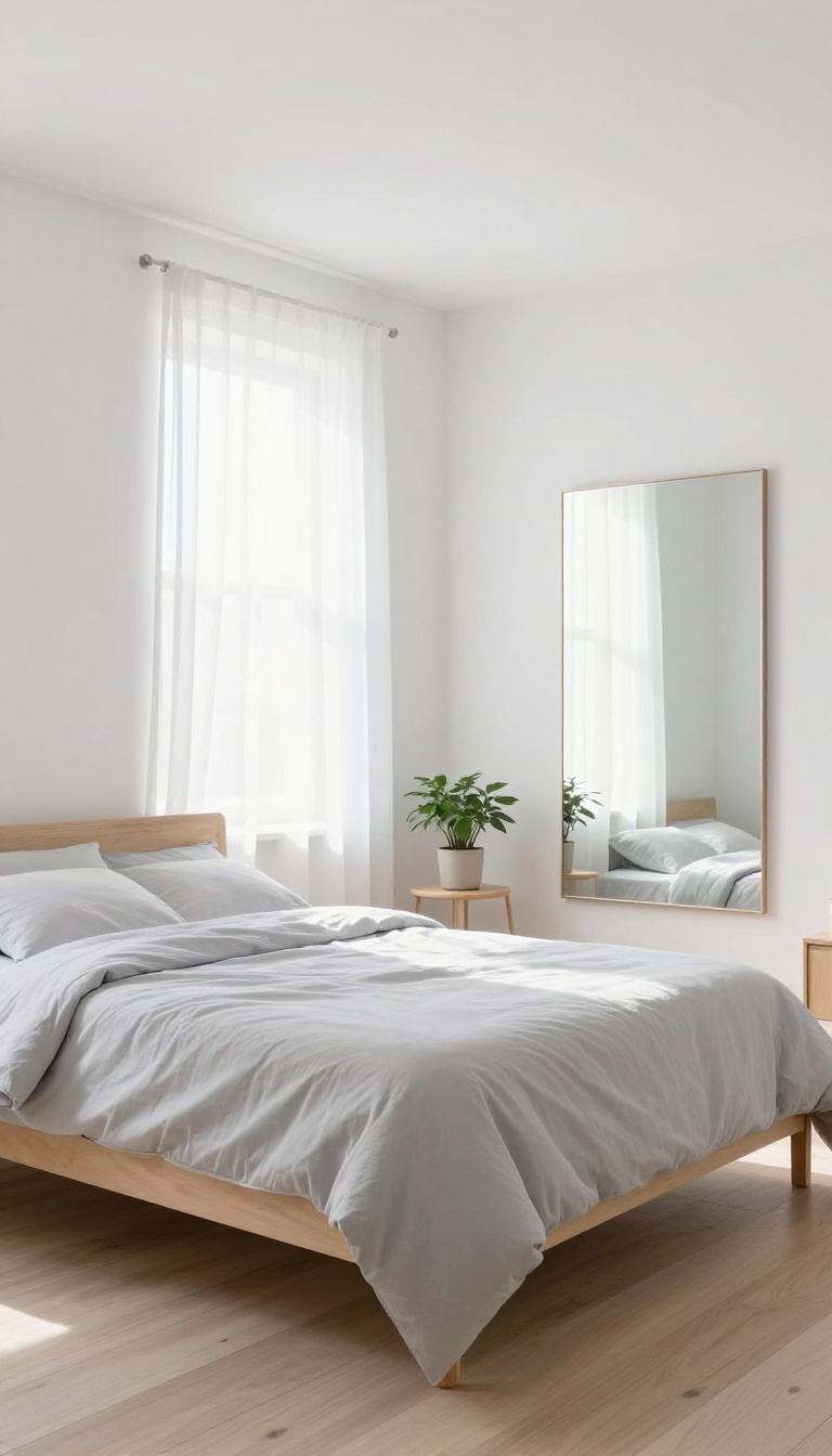 Light colors and mirrors opening up a small bedroom