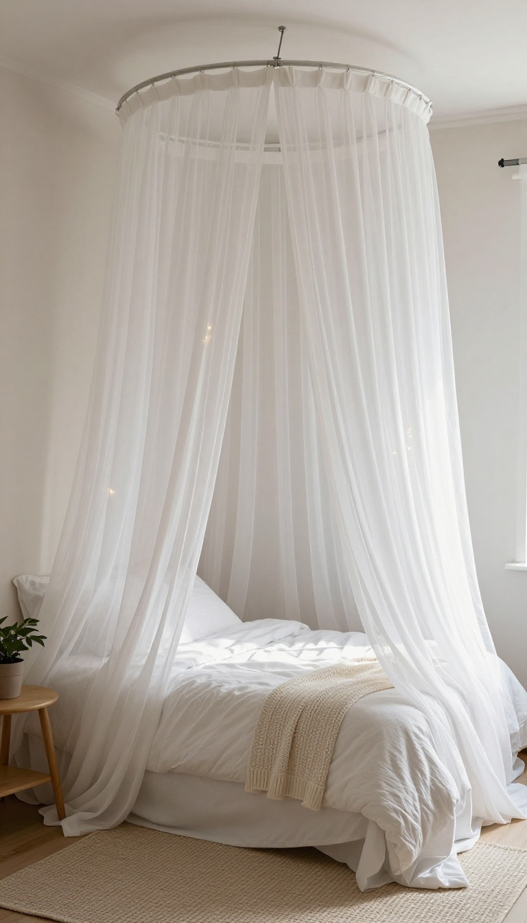 Cozy small bedroom with a sheer white canopy draped over the bed, creating an intimate retreat