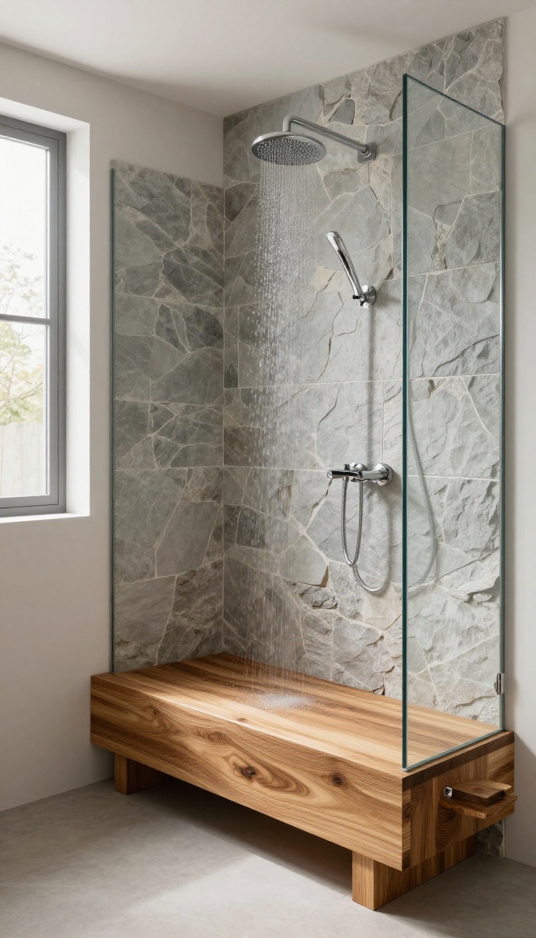 Natural wood and stone accents in a modern spa-like shower