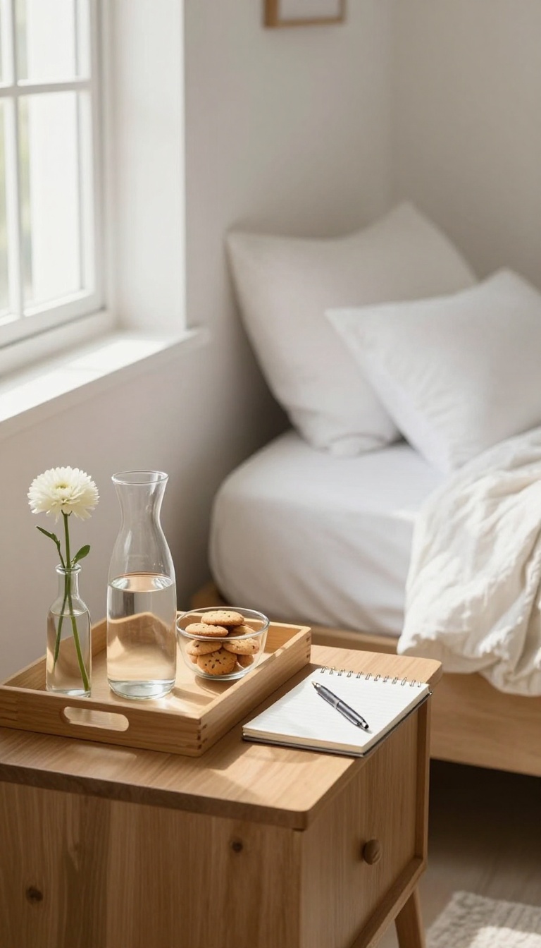 Welcome tray on a nightstand in a cozy guest bedroom with water, snacks, and a flower