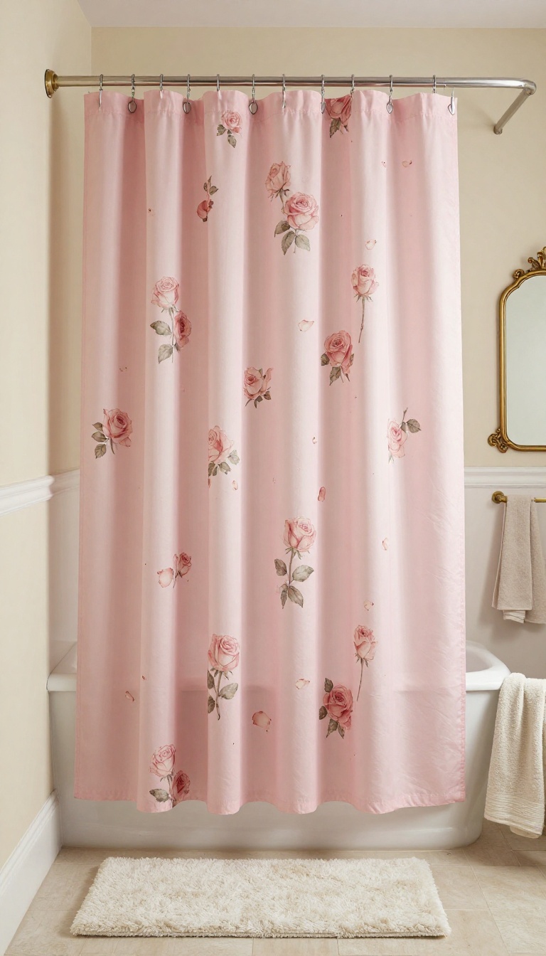 Vintage rose shower curtain in a romantic bathroom with brass fixtures and soft lighting