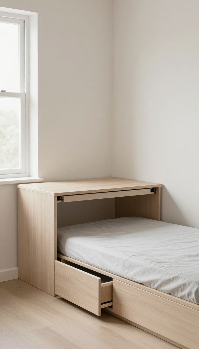 Small bedroom with multi-functional furniture, including a bed with drawers, a folding desk, and a storage ottoman, in bright natural light.