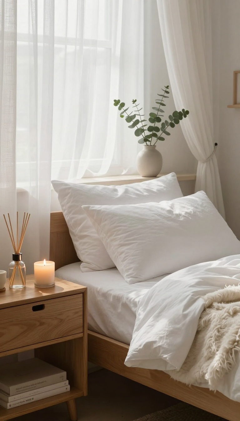 Cozy bedroom with scent diffuser and candle on nightstand