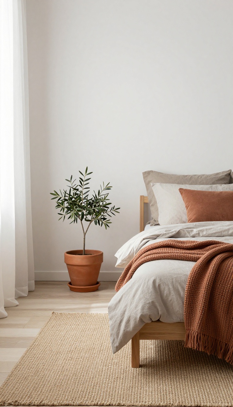 Cozy modern guest bedroom with neutral earthy tones, featuring a terracotta planter and soft grey bedding