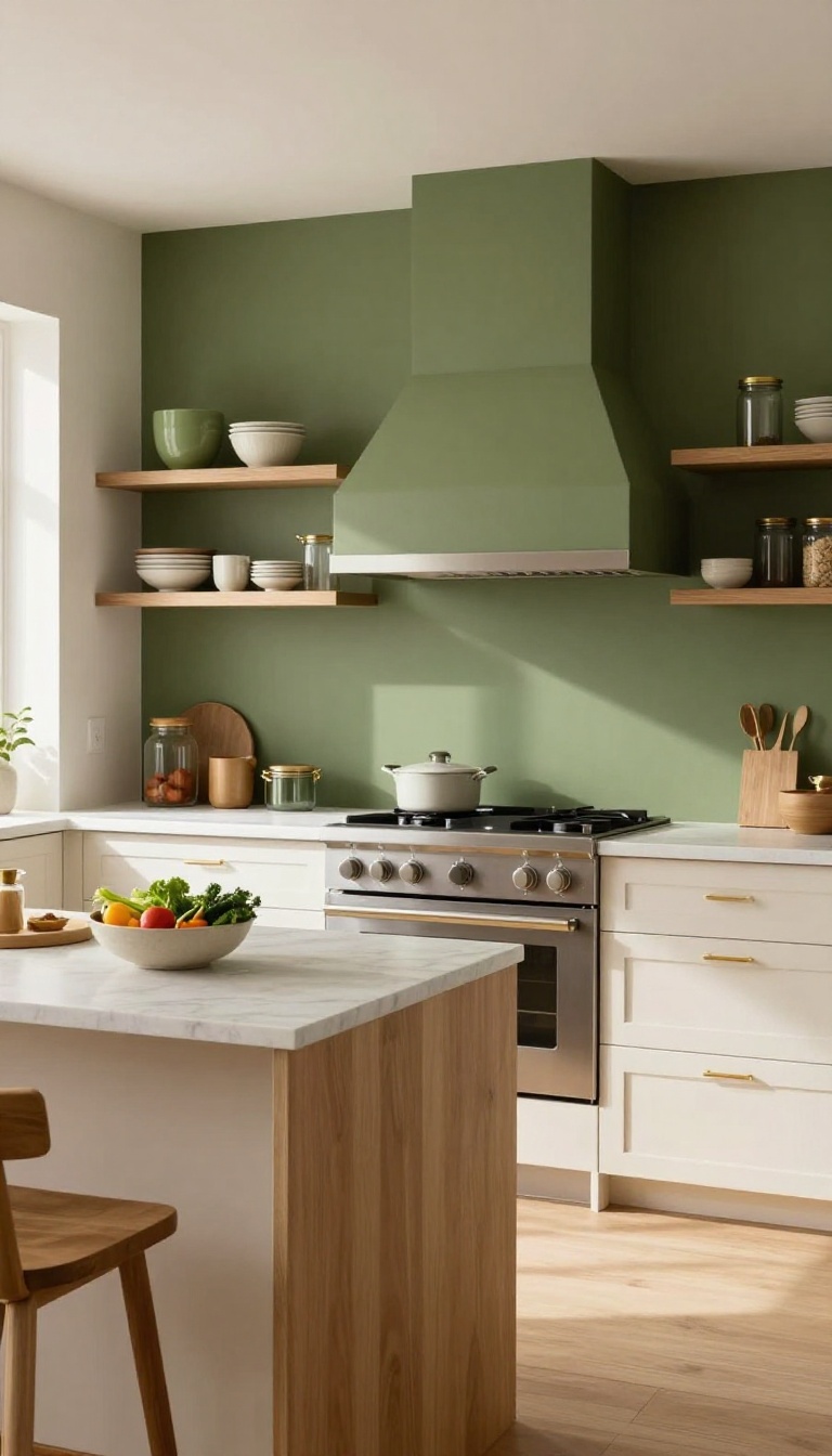 Cozy kitchen with an olive green accent wall behind the stove, paired with wood tones, brass fixtures, and creamy white cabinetry.