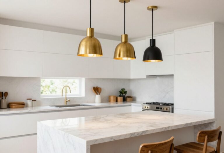 Modern kitchen island with three brass and black pendant lights