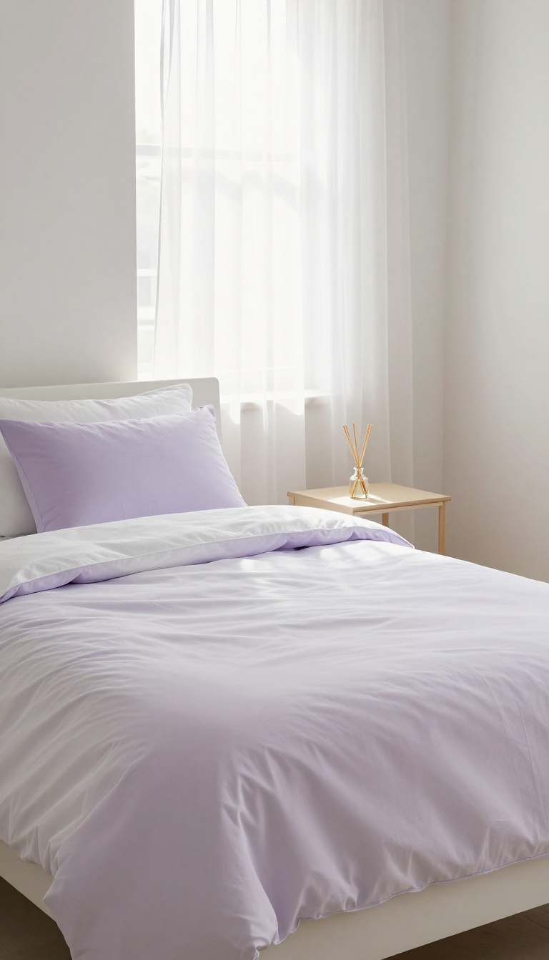 Guest bedroom with fresh scent and open window, lavender linens and reed diffuser