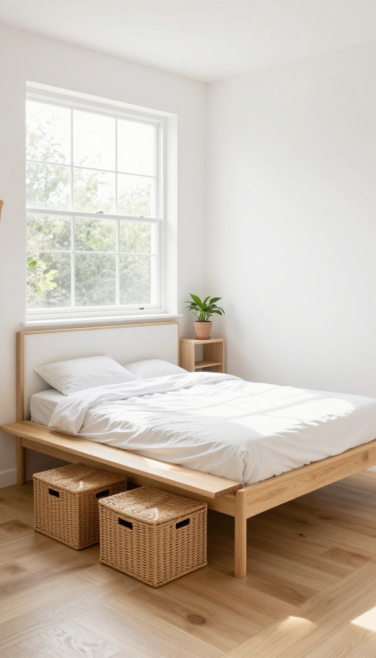 Small bedroom with bed floated away from the wall, creating a walkway and storage space behind it.