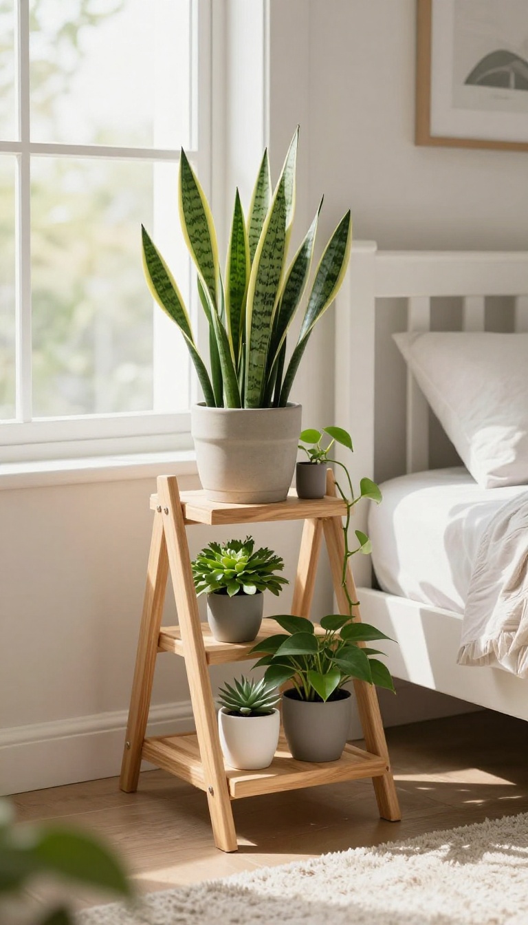 A small wooden plant stand with potted plants in a sunny bedroom corner, adding greenery and charm.