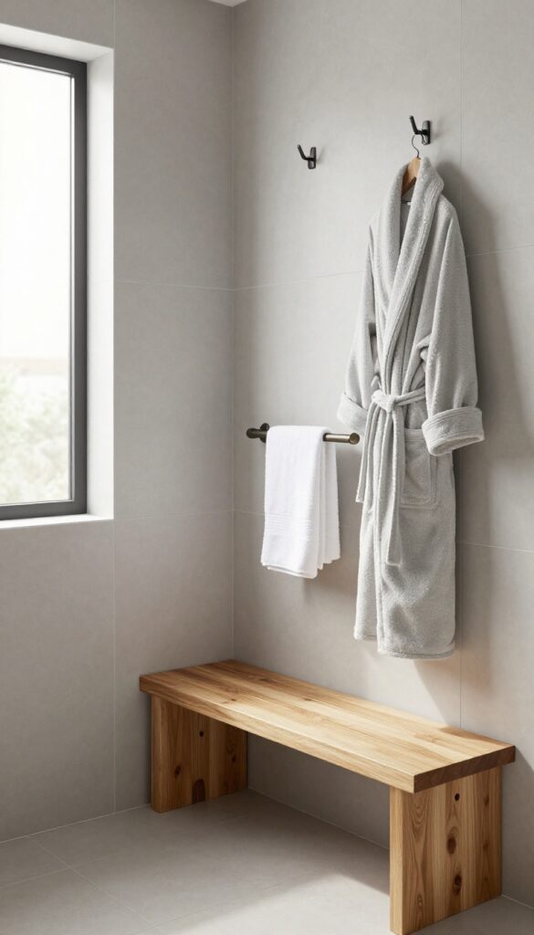 Modern bathroom with a built-in shower bench featuring a towel bar and hooks for convenient storage.