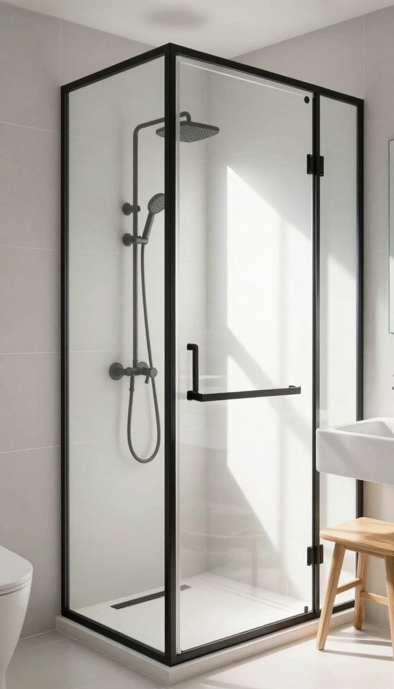 Black-framed shower screen in a bright, airy bathroom with light tiles and matte black fixtures.