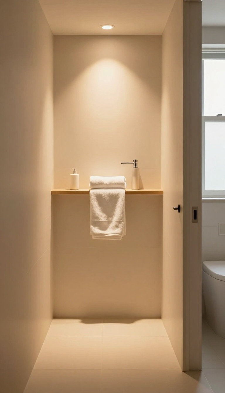 Modern guest bathroom with a motion-sensor night light glowing softly near the floor