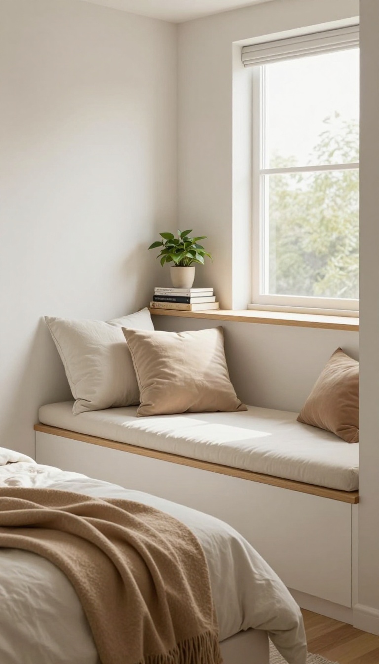 Cozy window seat with storage in a small bedroom, featuring a cushioned bench, pillows, and a shelf with books and a plant.