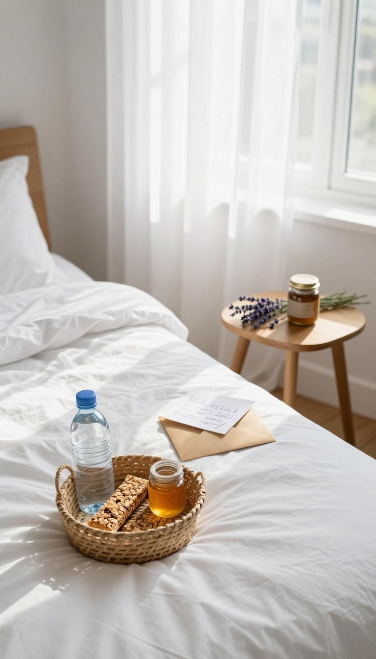 A guest room bedside table with a handwritten note and a welcome basket of snacks and toiletries in soft natural light.