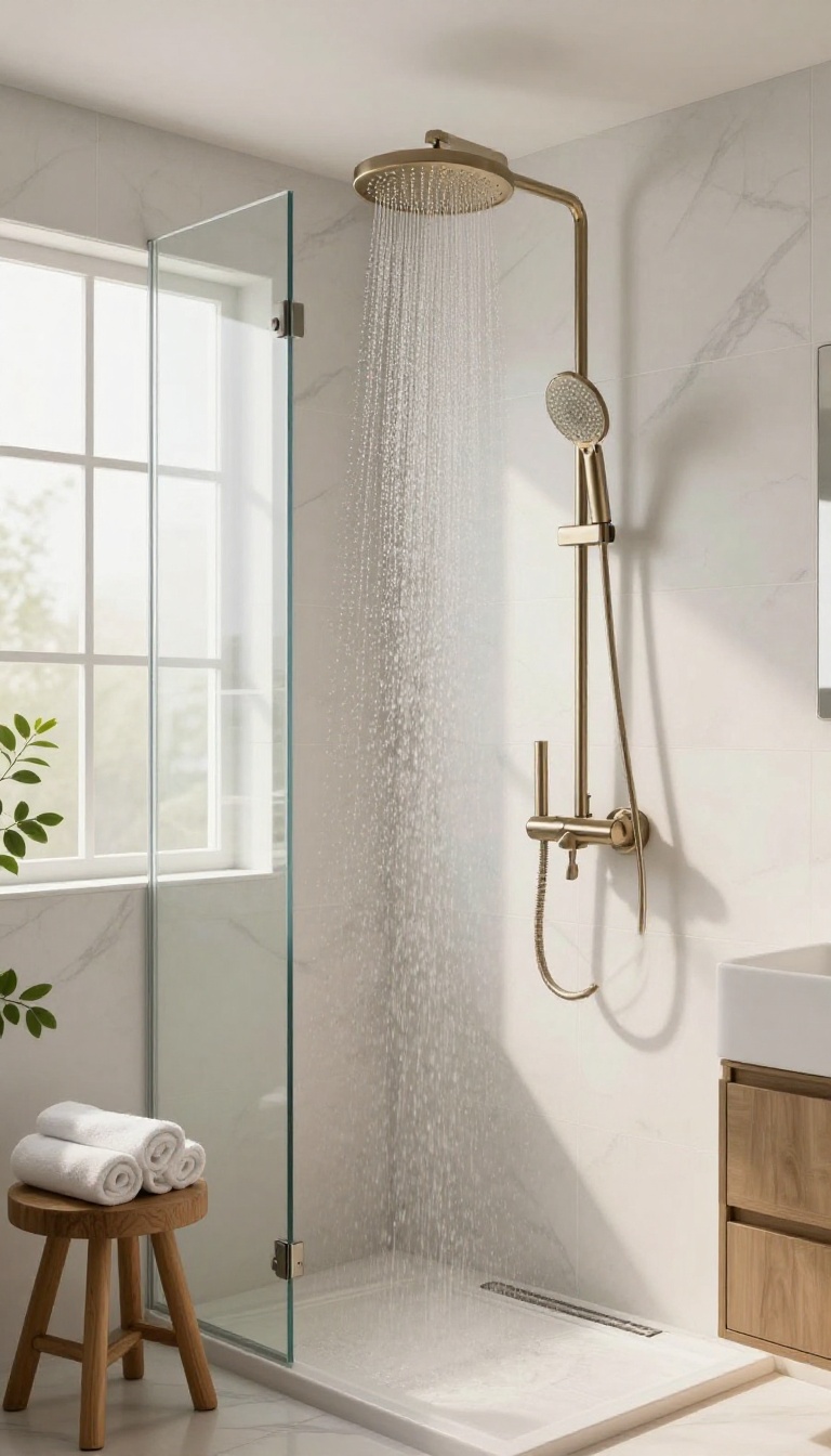 Luxurious guest bathroom with a rainfall showerhead and marble tiles