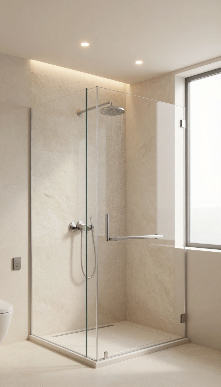 Modern shower with recessed lighting and dimmer switch creating a warm, spa-like ambiance.