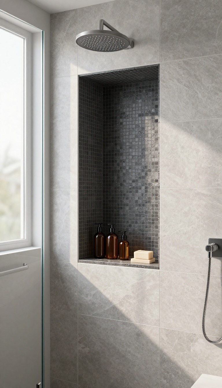 Modern shower-only bathroom with a built-in recessed niche featuring contrasting tile and neatly arranged shampoo bottles.