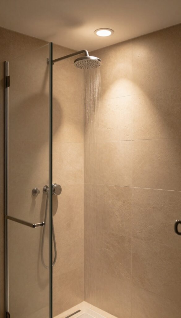 Motion-sensor night light glowing warmly inside a modern shower at night