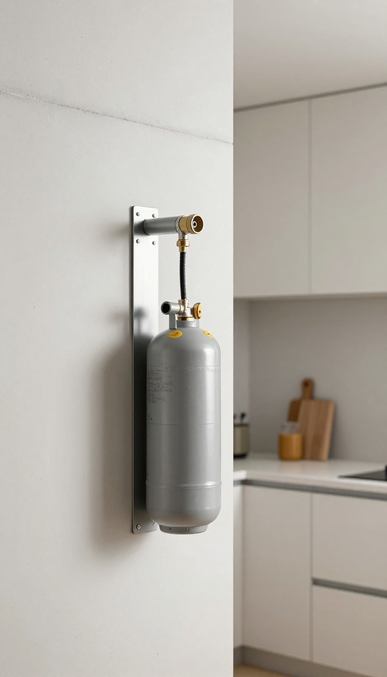 Wall-mounted gas cylinder bracket in a kitchen utility area
