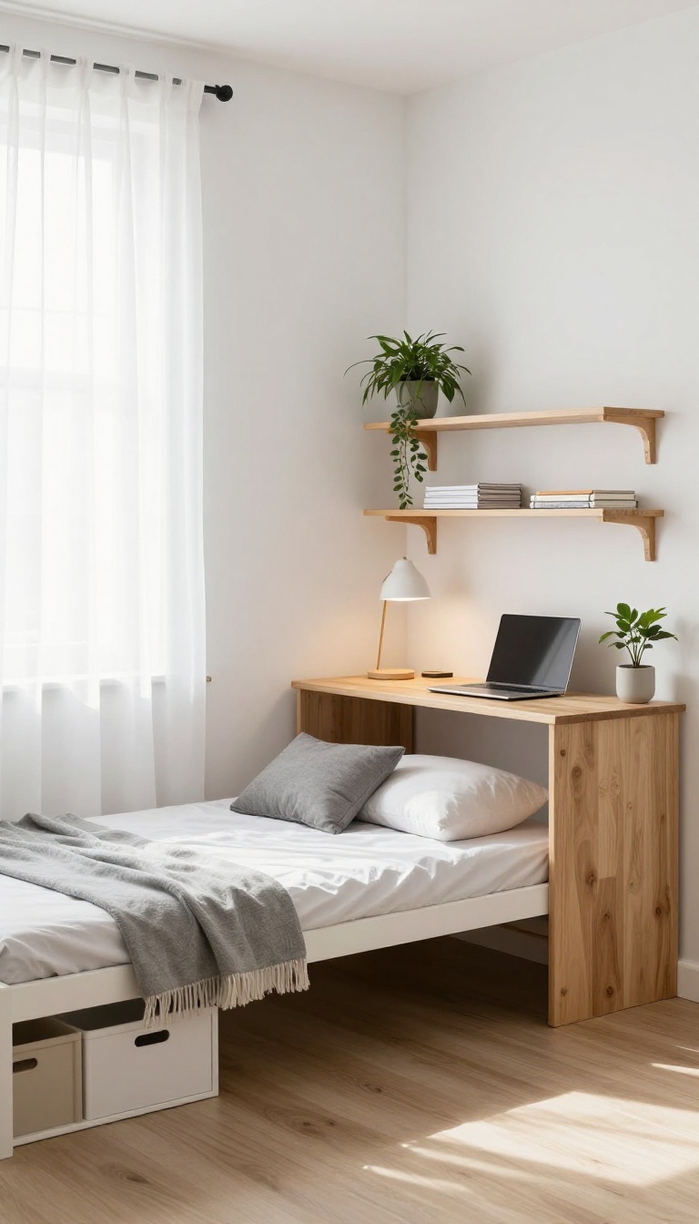 Corner desk and daybed in a small home office guest room with a plant as a divider