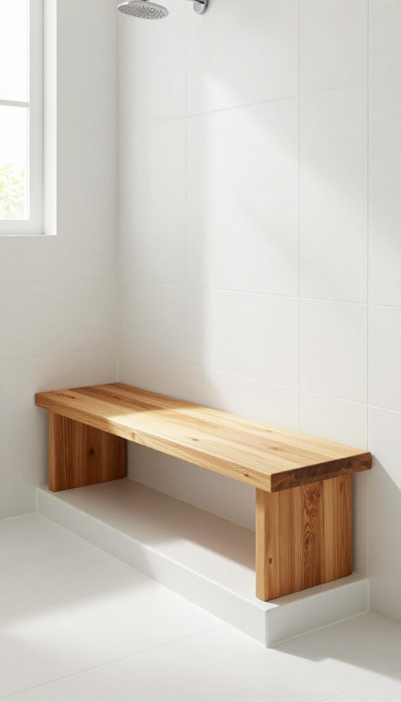 Teak wood bench on a white tile base in a bright modern shower