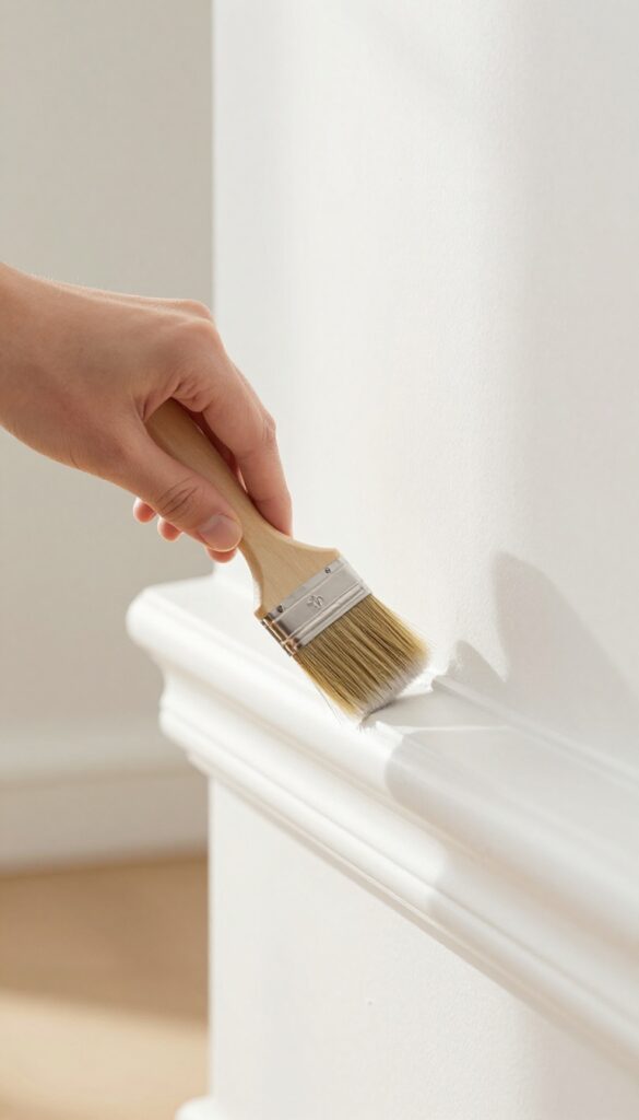 Person dusting a white baseboard with a soft paintbrush in bright natural light