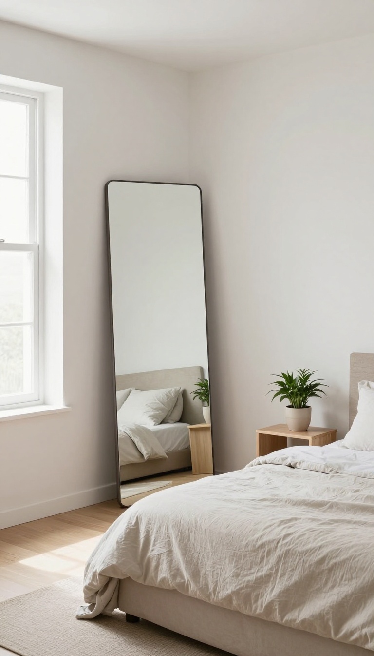 Full-length mirror reflecting light in a small couple's bedroom